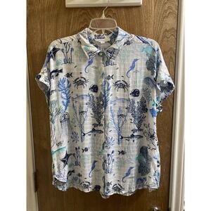 Jane + Delancey White Blue Sea Life Print Short Sleeve Button Blouse L Light